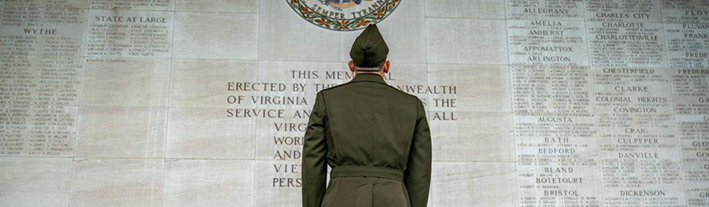 Soldier looking up at Shrine of Memory